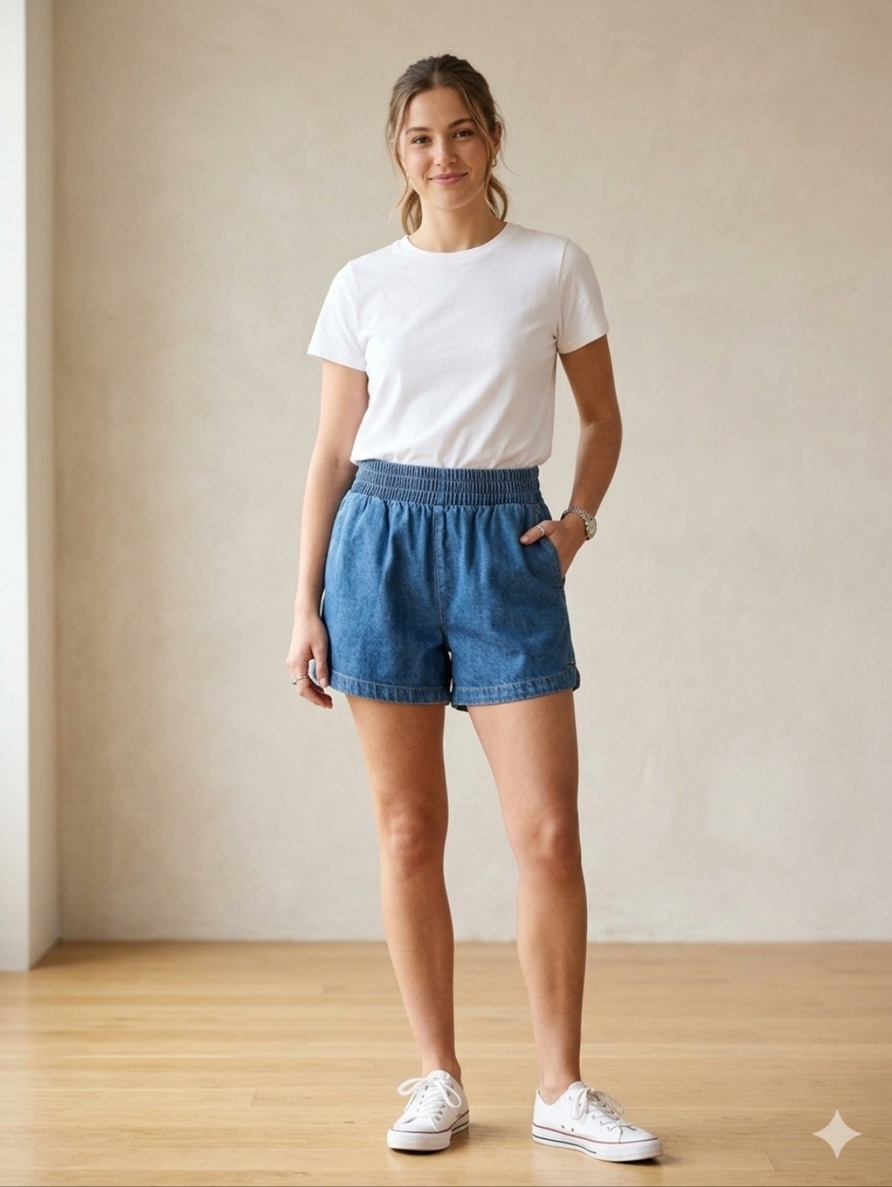 EUC Klesis "High Elastic Waist w/Pockets🤗@Sides/1 on🍑/🐬Hem Denim Shorts" MED